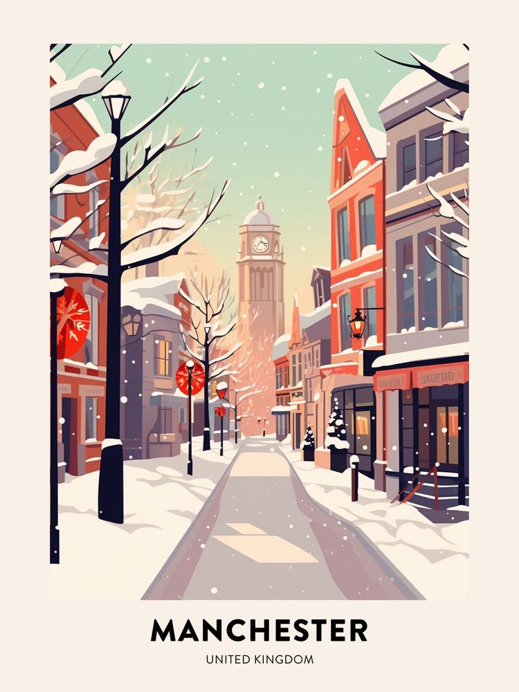 Vintage Winter Travel Poster Manchester United Kingdom 11