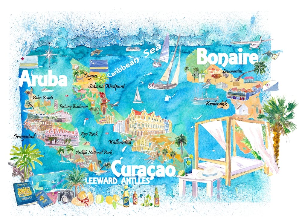 Aruba Bonaire Curacao Dutch Caribbean Illustrated Travel Map With Roads And Highlights