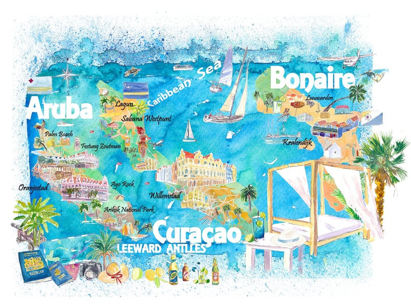 Aruba Bonaire Curacao Dutch Caribbean Illustrated Travel Map With Roads And Highlights