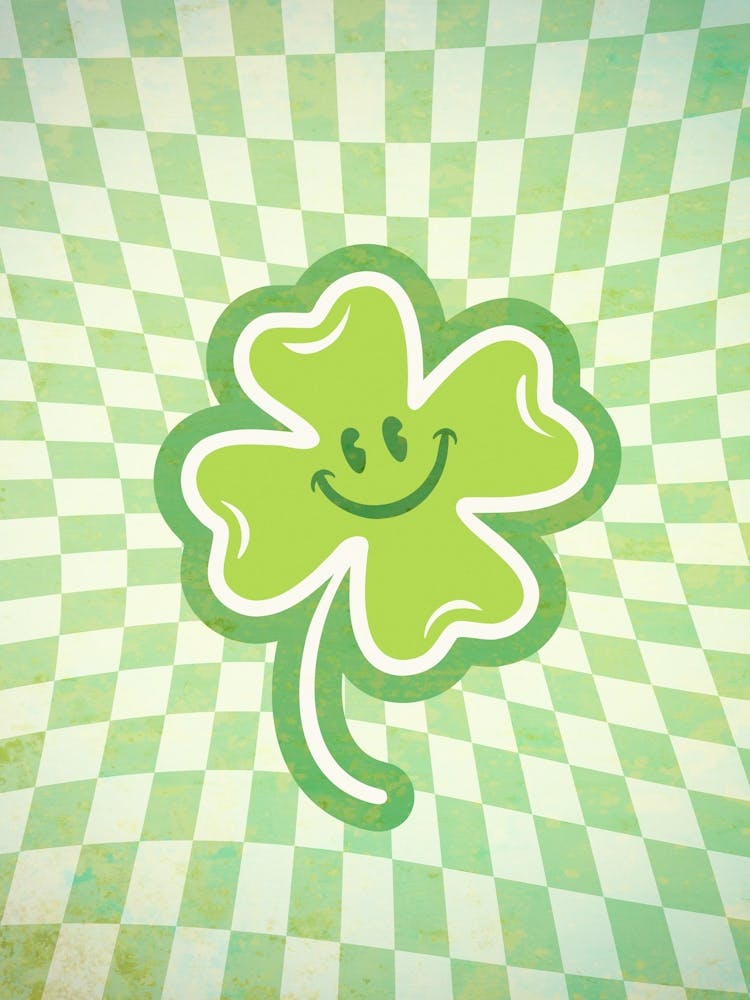 Cute funny lucky clover in retro groovy style. Shamrock