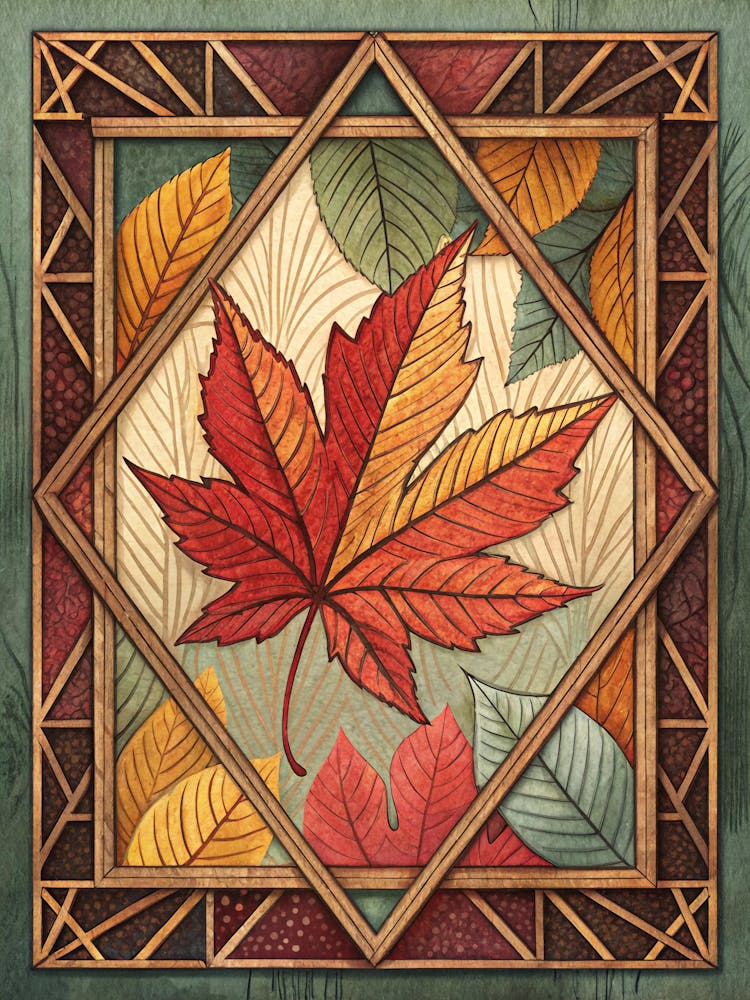 Oil Painting Style Geometric Frame Of Abstract Leave
