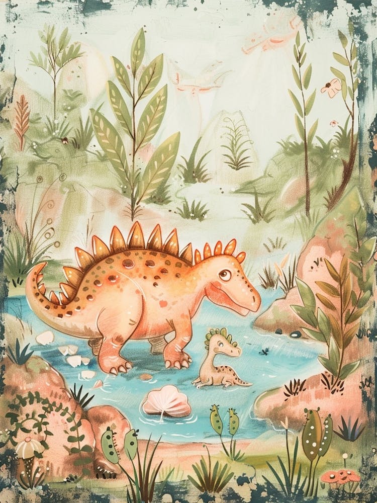 Cute Dinosaur Parent & Baby Dinosaur Bathing In The Lake Storybook Painting
