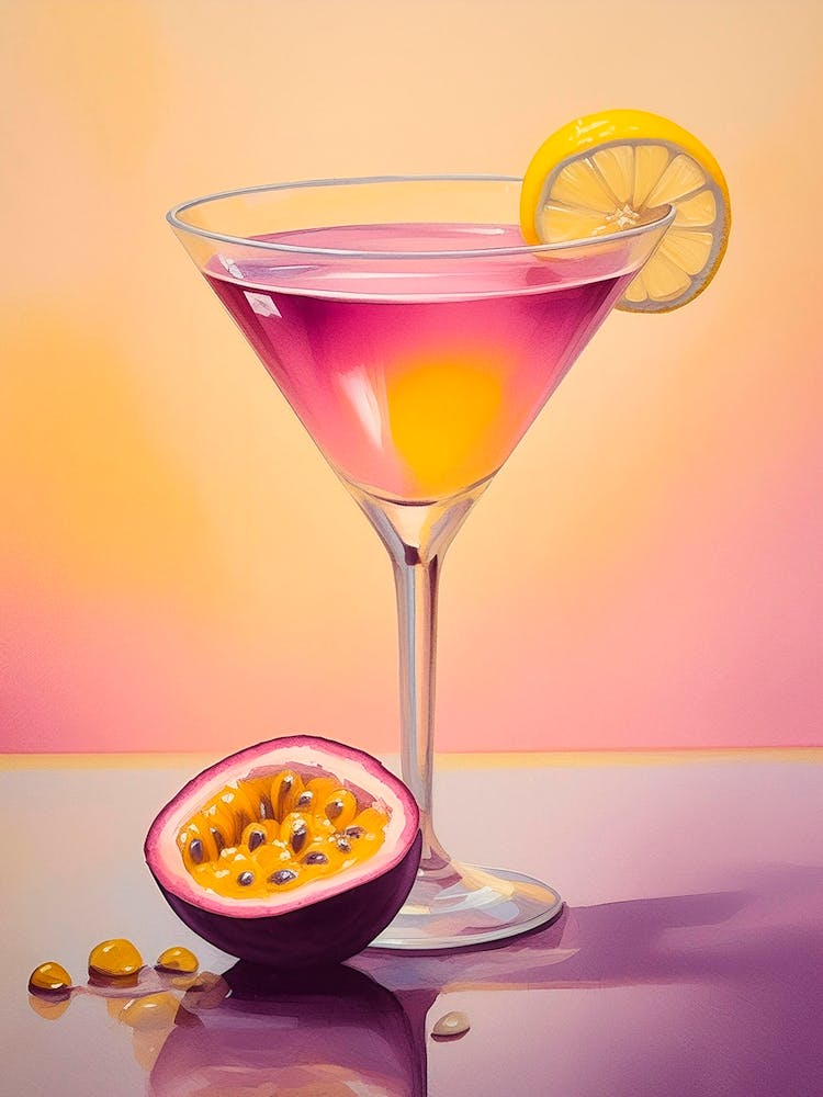 Passion Fruit Martini Cocktail With One Piece Of Passion Fruit On The Side