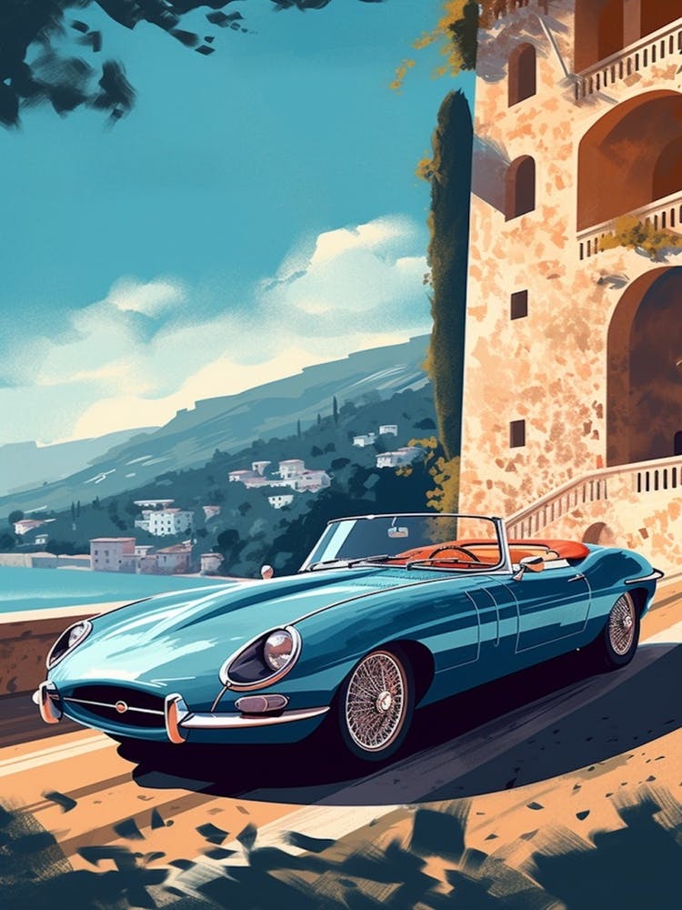 A Jaguar E Type In Amalfi Coast, Italy, Car Illustration 1