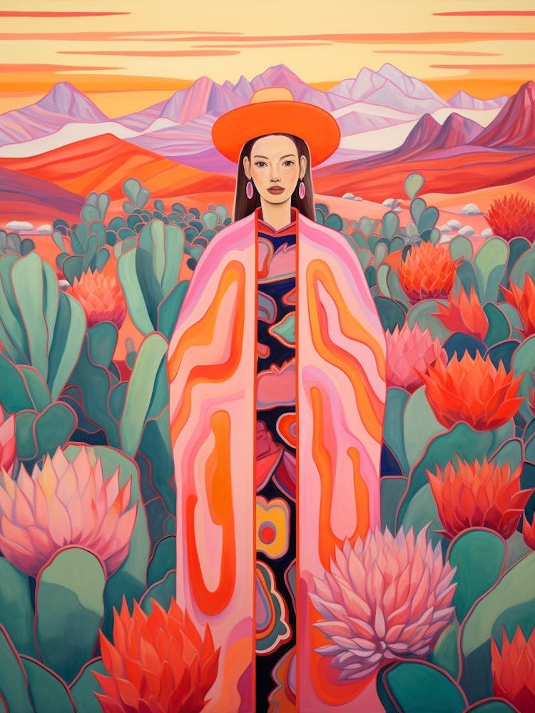 Woman In The Desert With Cactus