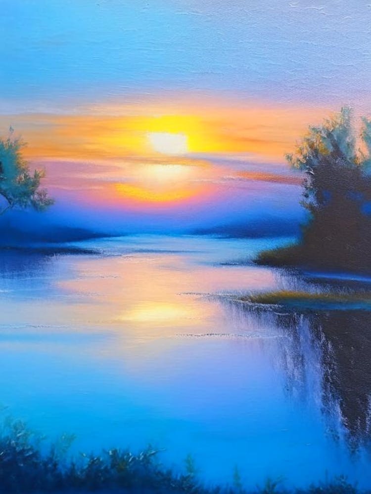 Sunrise Over Pond Waterscape Marble Acrylic Painting 1