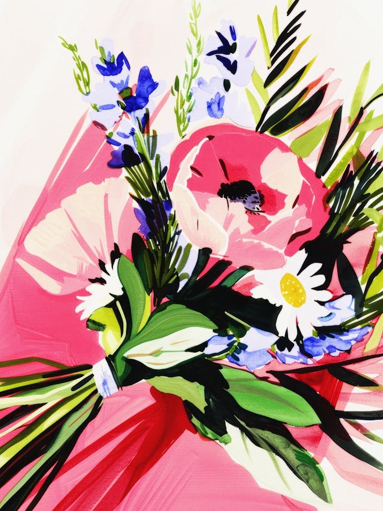 Pink, Blue and Green Gouache Bouquet of Flowers