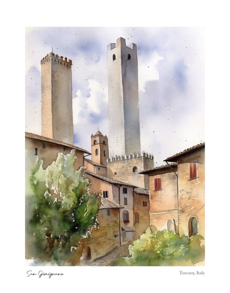San Gimignano, Tuscany, Italy 3 Watercolour Travel Poster