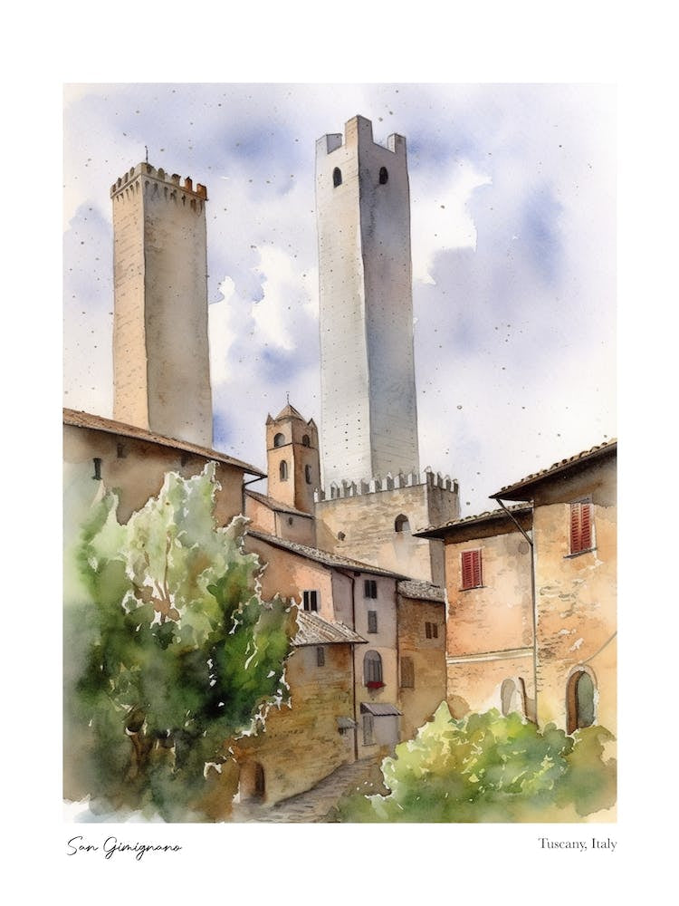 San Gimignano, Tuscany, Italy 3 Watercolour Travel Poster