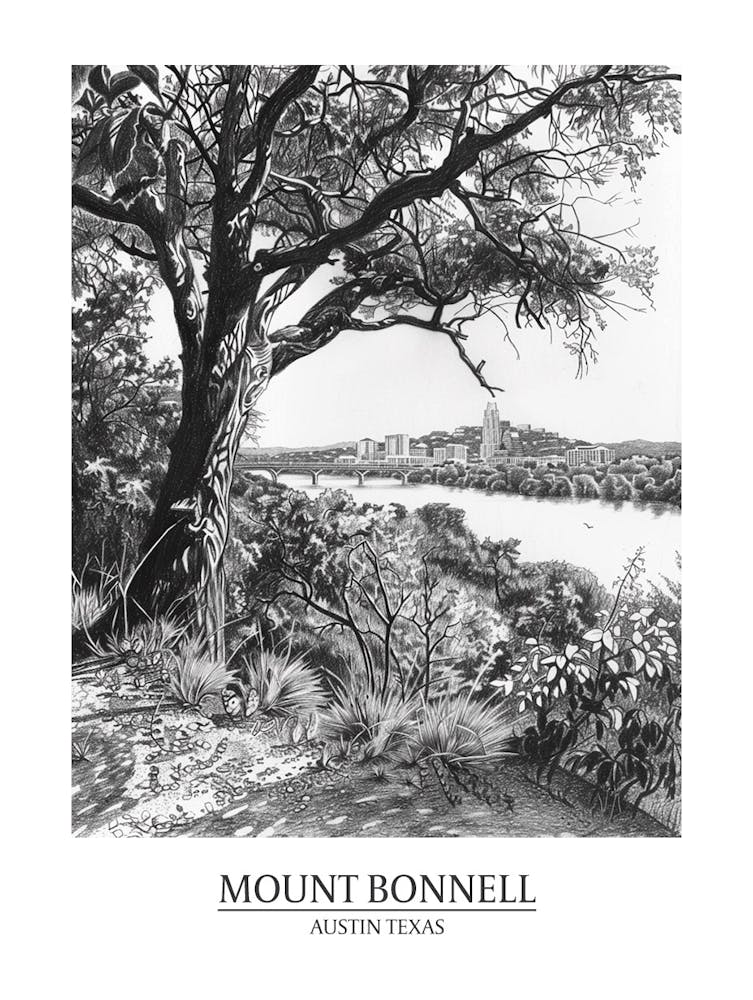 Mount Bonnell Austin Texas Black And White Drawing 2 Poster