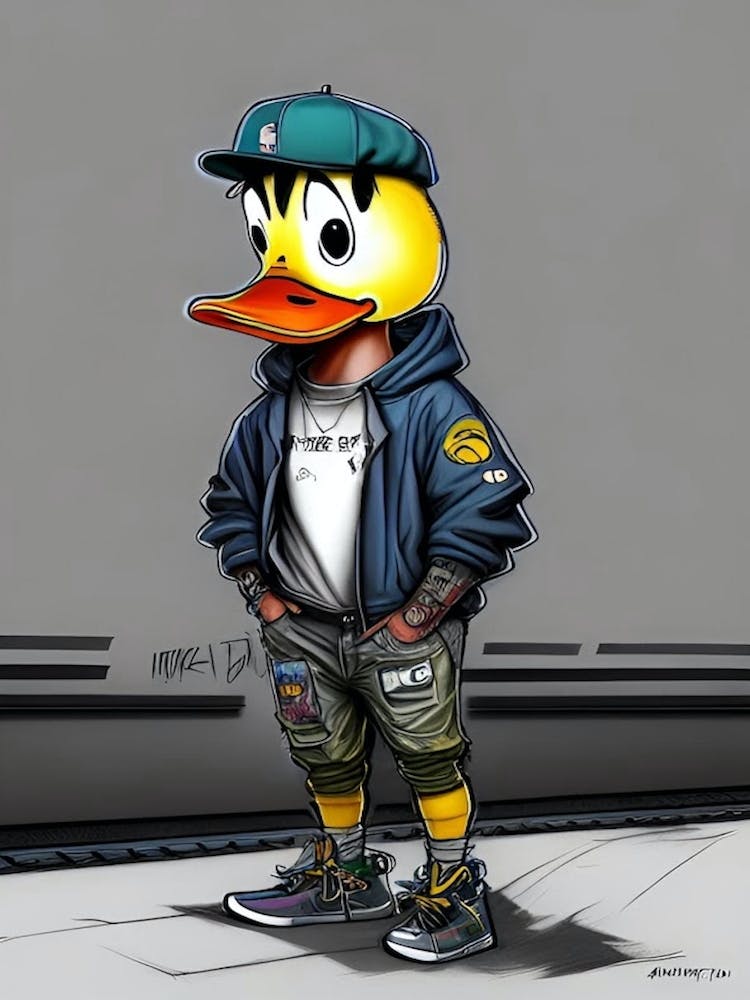 Cartoon duck in street clothing