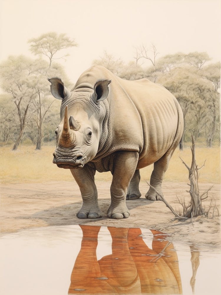 Rhino Standing In Front Of The Waterhole