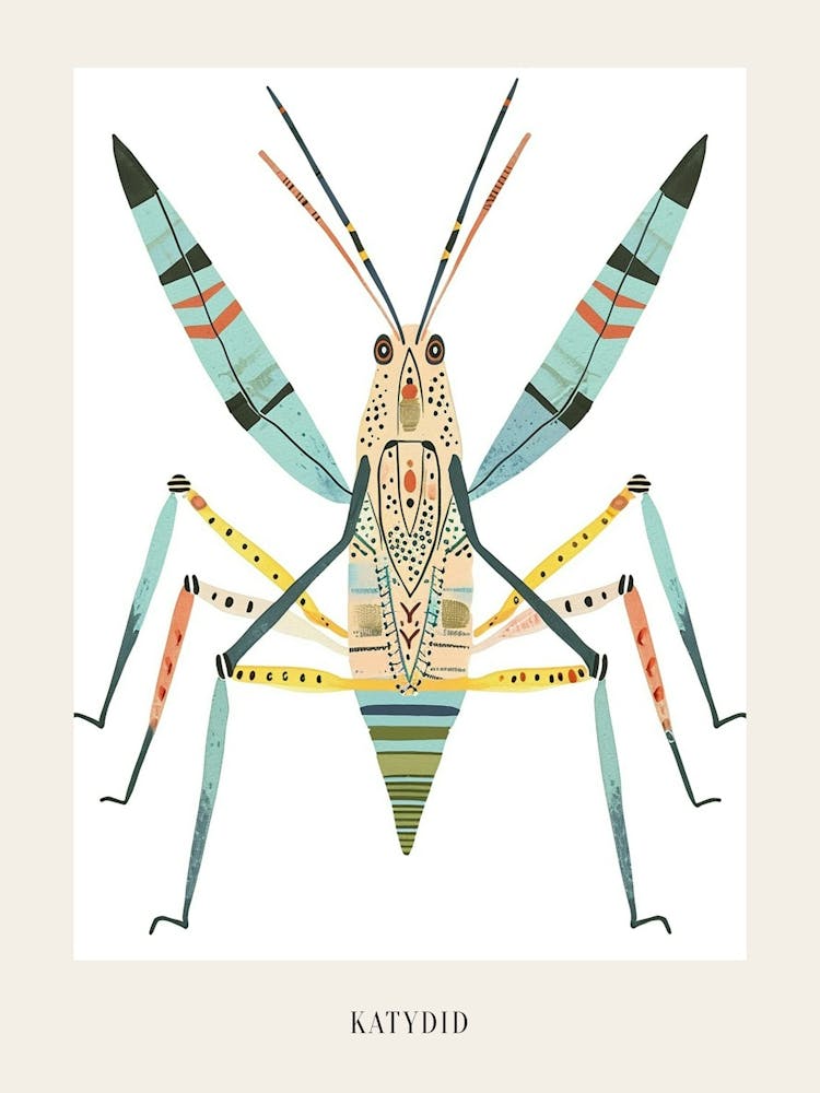 Colourful Insect Illustration Katydid 15 Poster