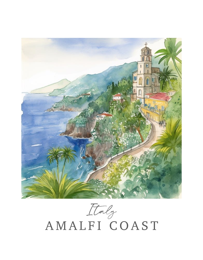 Italy	Amalfi Coast Storybook 3 Travel Poster Watercolour