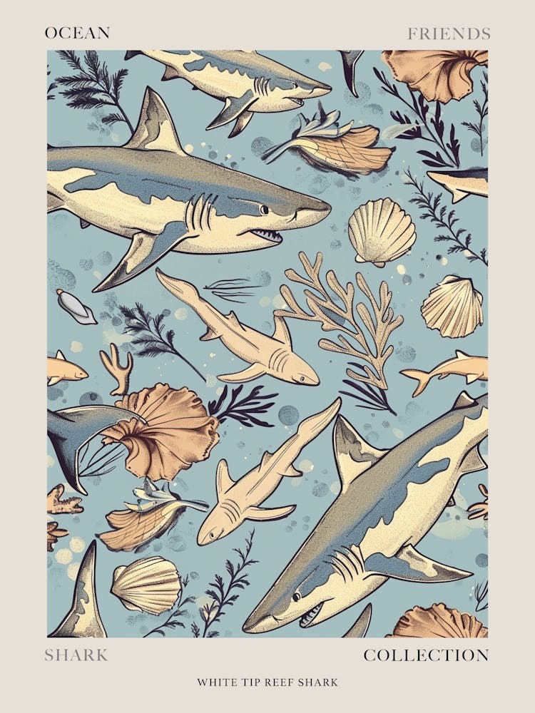 Pastel Blue White Tip Reef Shark Watercolour Seascape Pattern 2 Poster