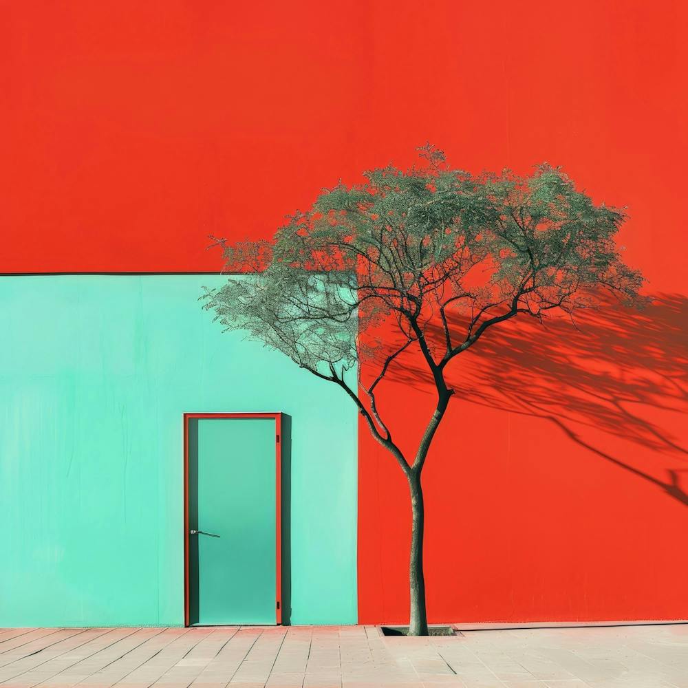 Tree In Front Of Red Door