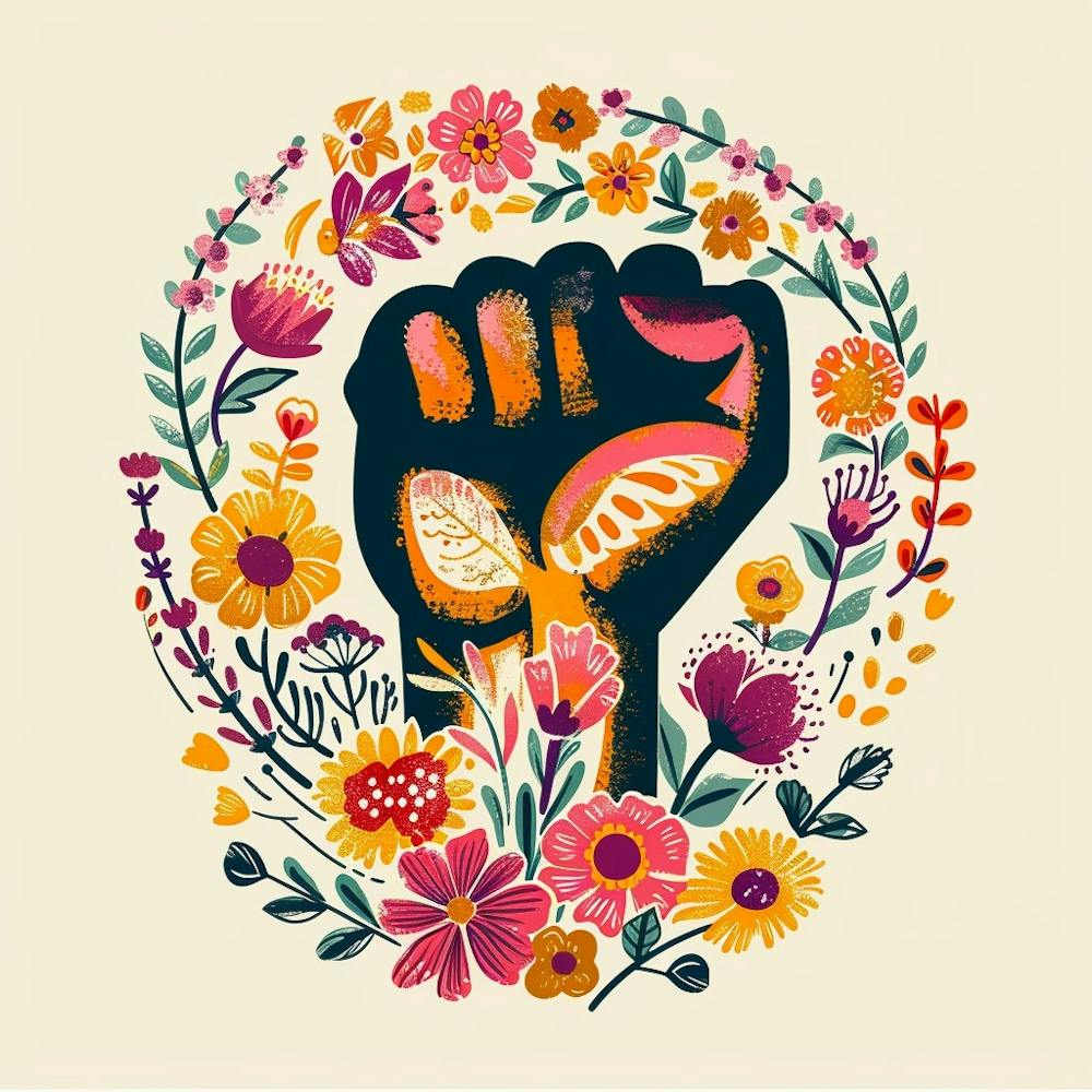 Watercolor Garden Flowers Strong Human Fist Bright Colors