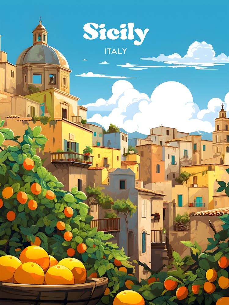 Sicily Italy Summer Travel Illustration