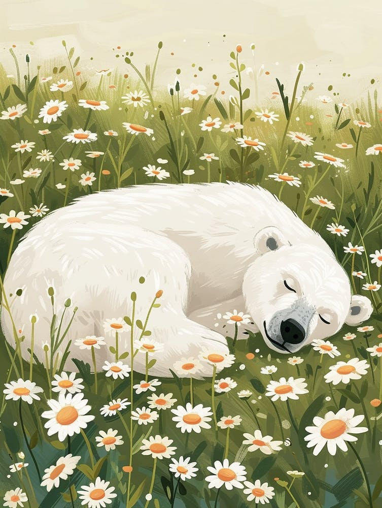 Polar Bear Resting In A Field Of Daisies Storybook Illustration 4