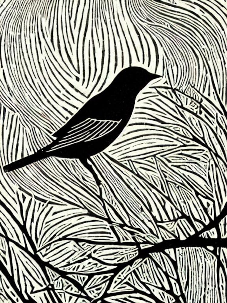 Blackbird Linocut Bird
