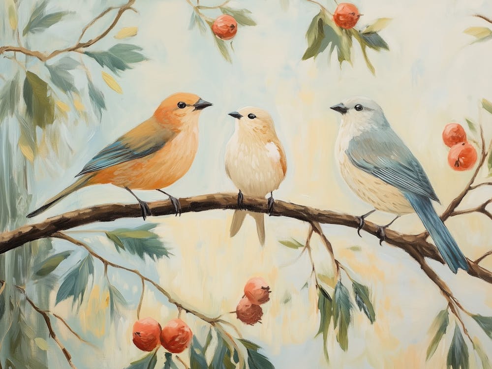 Birds On A Branch With Leaves And Red Fruits