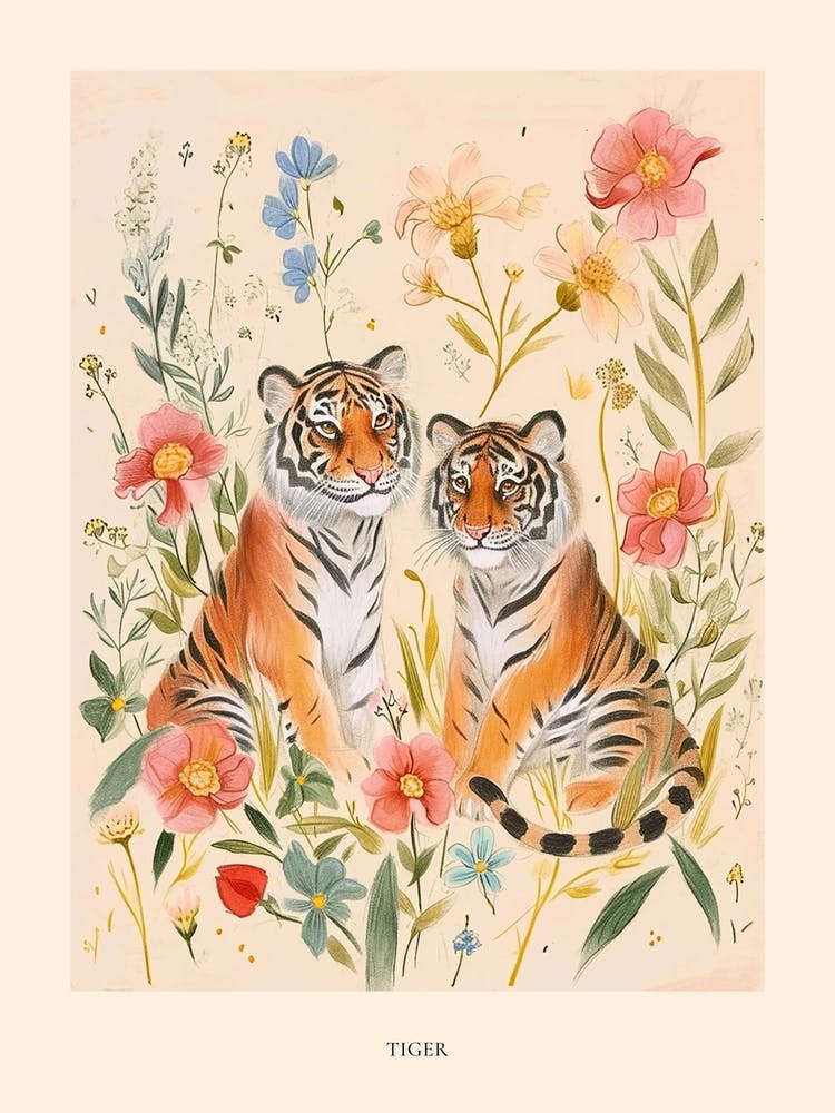 Folksy Floral Animal Drawing Tiger 8 Poster