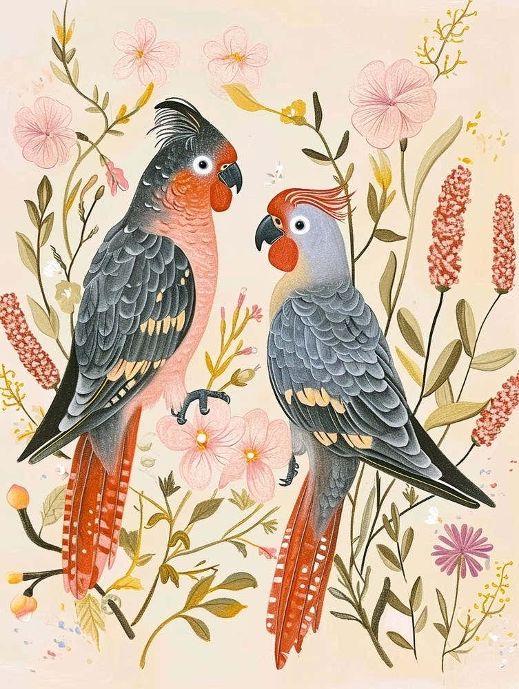Folksy Floral Animal Drawing Parrot 1