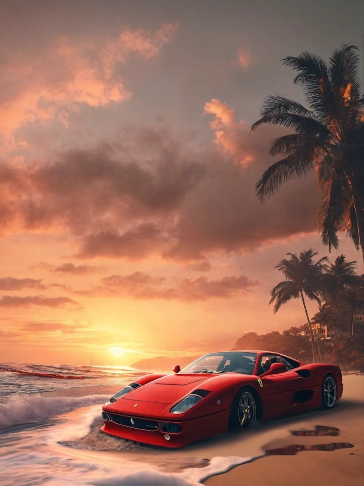 Ferrari Drifting On a sunruse beach