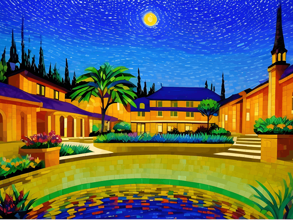 A picture of a bright mosaic of a house made up of several buildings, with a beautiful mosaic in the middle of the buildings. The moon shines on it in the evening.