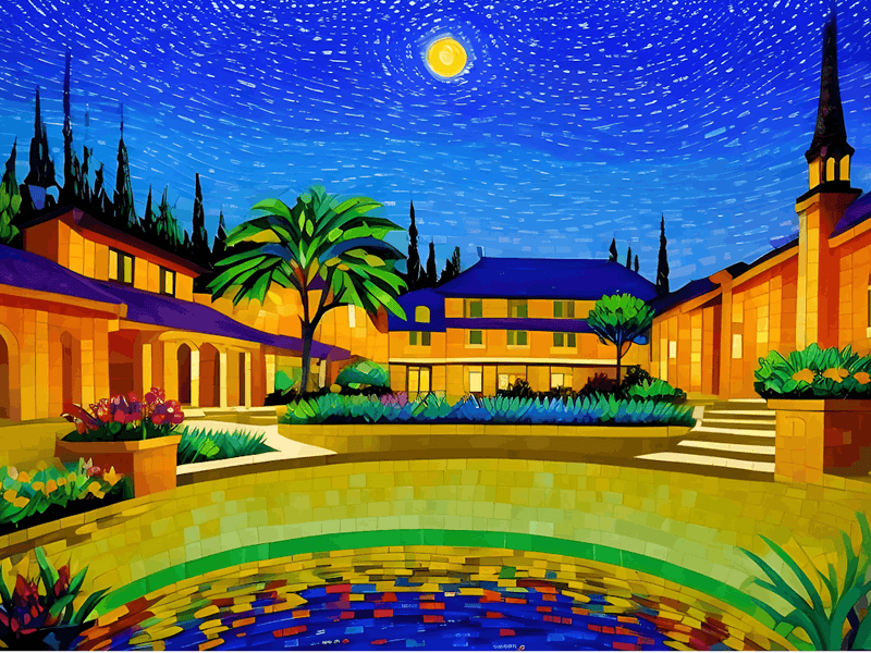 A picture of a bright mosaic of a house made up of several buildings, with a beautiful mosaic in the middle of the buildings. The moon shines on it in the evening.