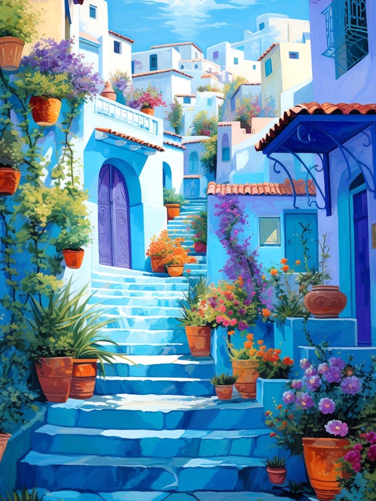 Blue Street With Potted Plants