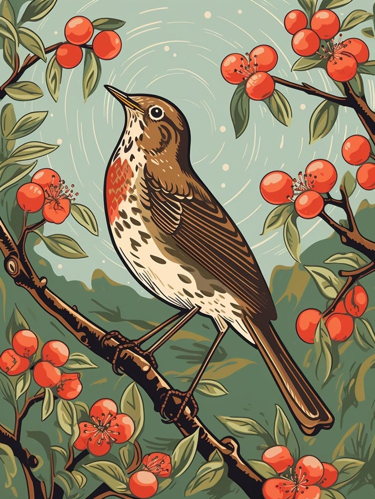 Vintage Bird Linocut Hermit Thrush 1
