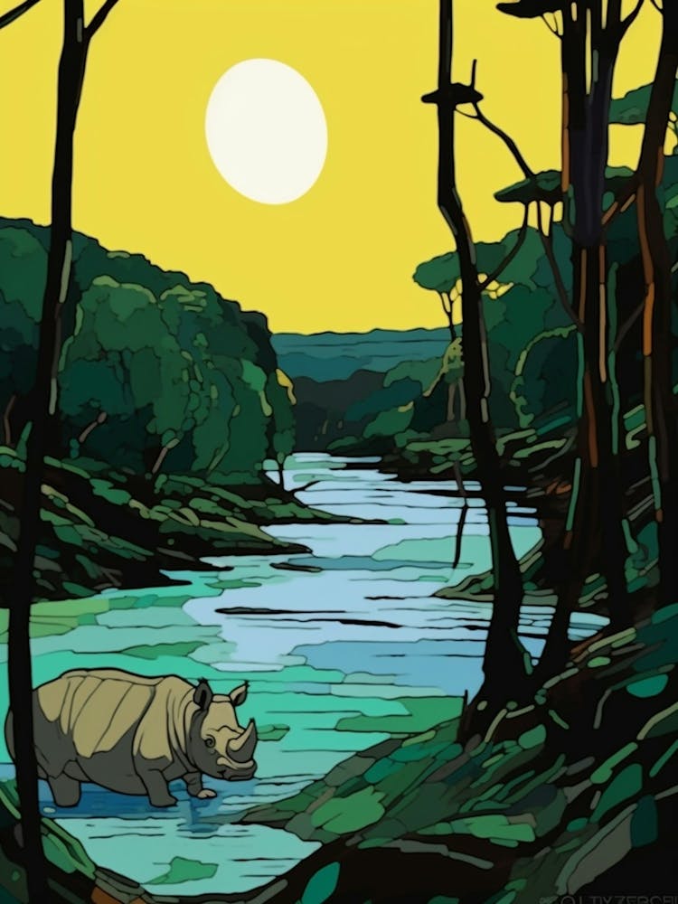 A Rhino Coming Out Of The River In The Sun 1