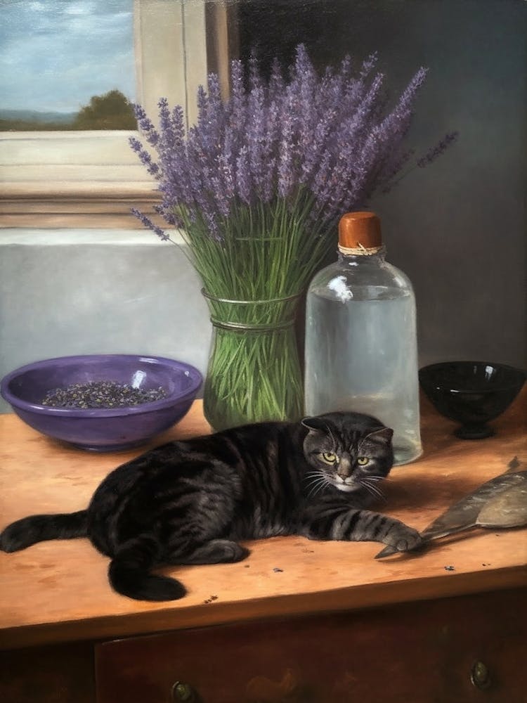 Painting Of A Still Life Of A Lavender With A Cat, Realism1