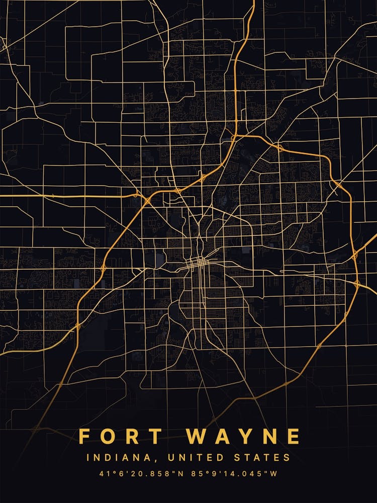 Fort Wayne Indiana USA Black And Gold Map