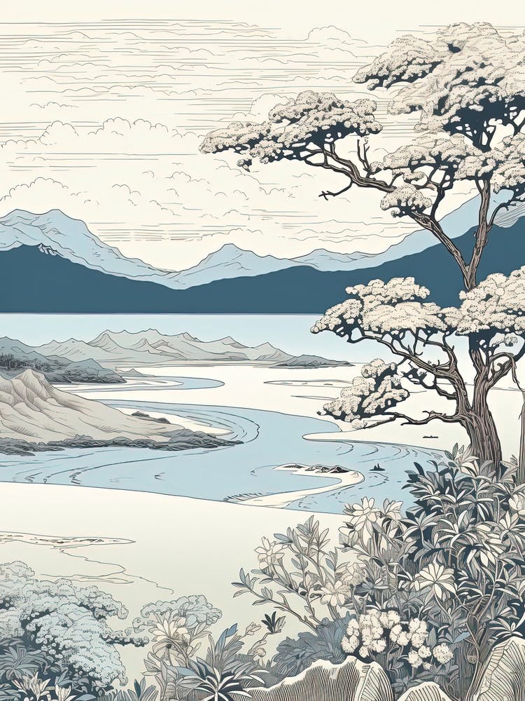 Shiretoko Peninsula In Hokkaido, Ukiyo E Black And White Line Art Drawing 3