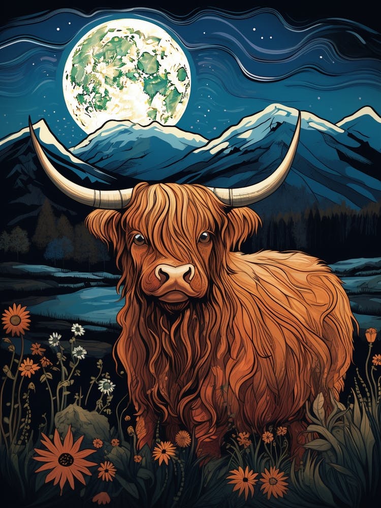 Digital Painting Of Highland Cow In The Moonlight 1