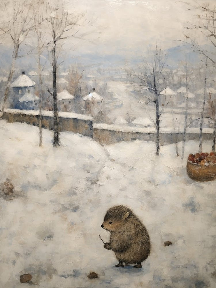 Vintage Winter Animal Painting Hedgehog
