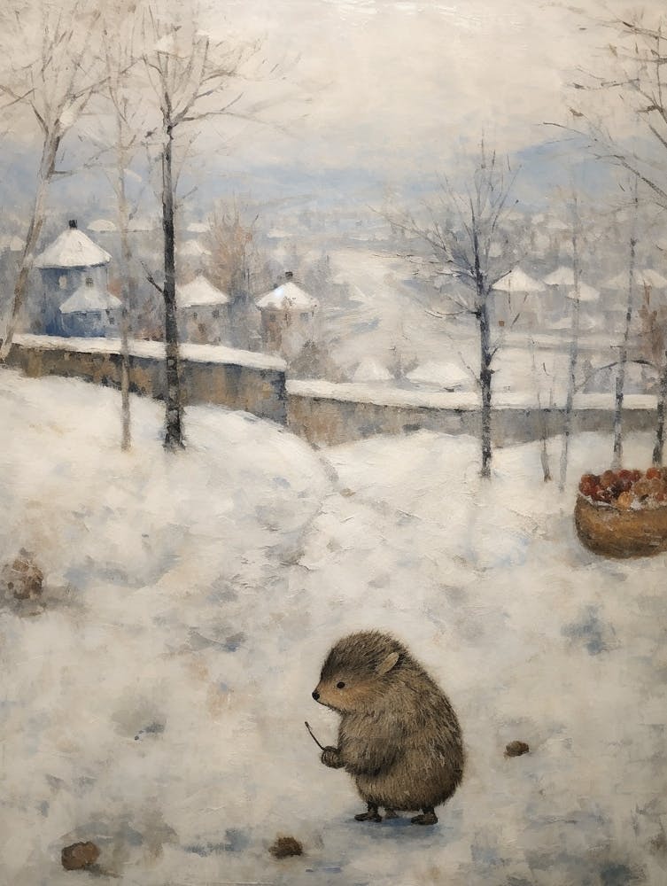 Vintage Winter Animal Painting Hedgehog