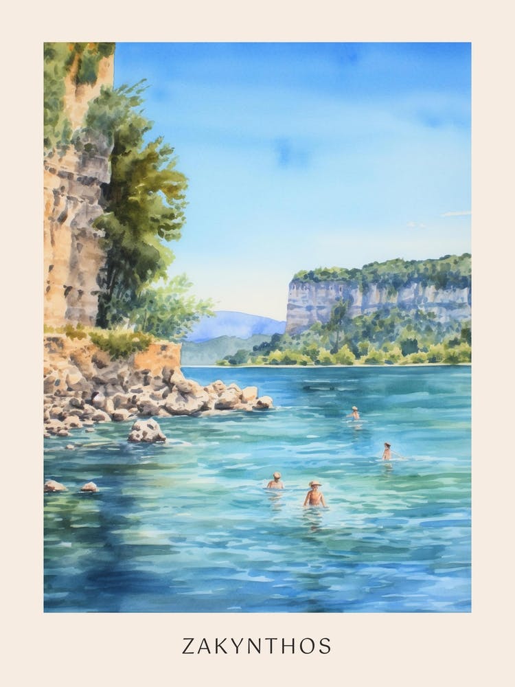 Swimming In Zakynthos Greece Watercolour Poster