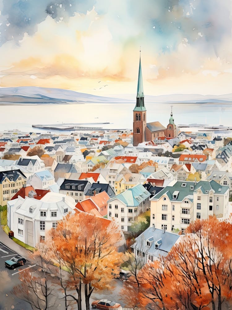 Reykjavik Iceland In Autumn Fall, Watercolour 1