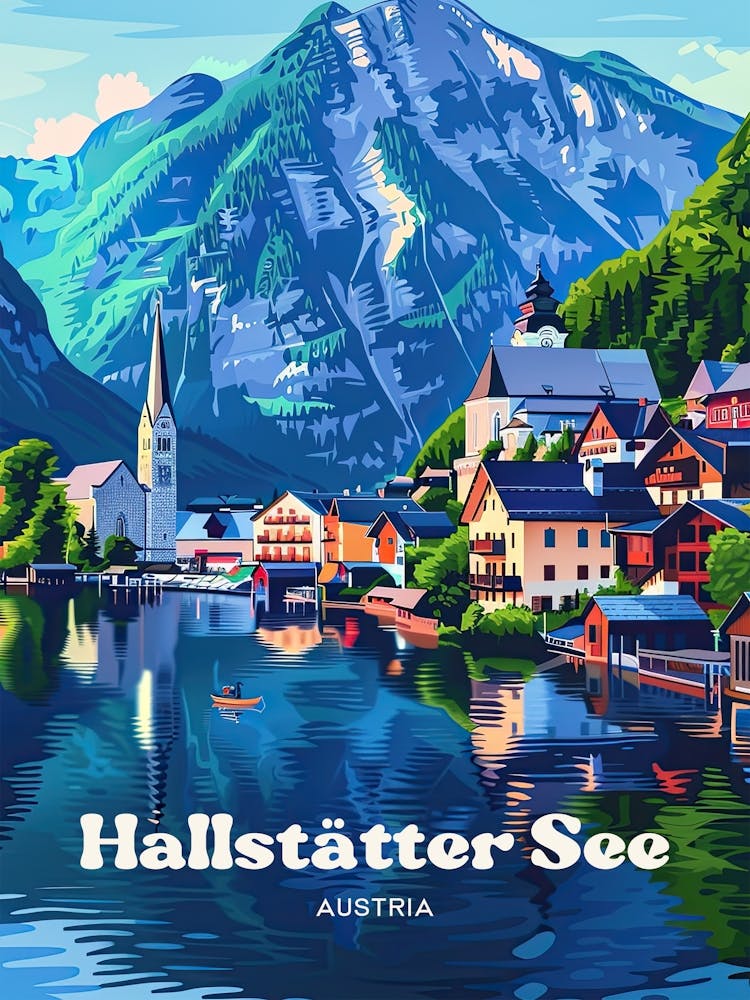 Hallstatt Lake Hallstatter See Travel Art Illustration
