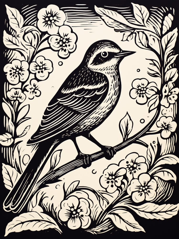 B&W Bird Linocut Mockingbird 3