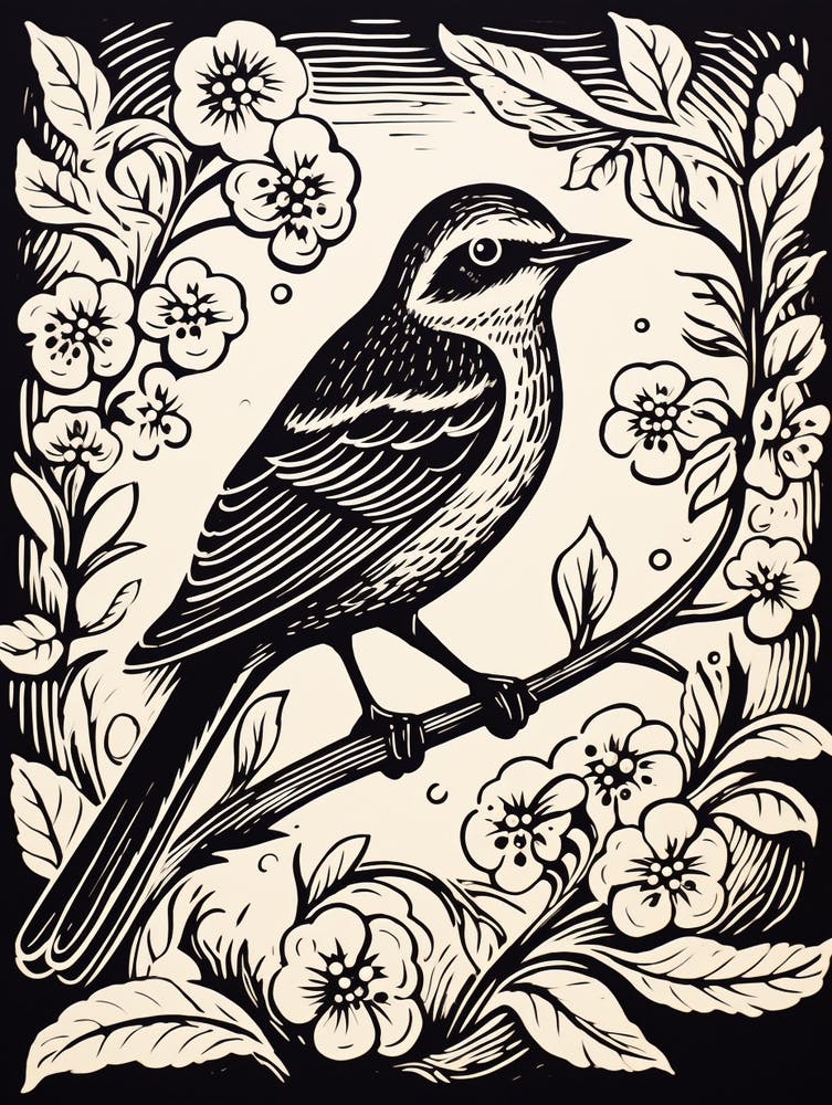 B&W Bird Linocut Mockingbird 3