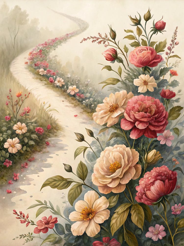 Oil Painting Style Elegant Floral Trail Across