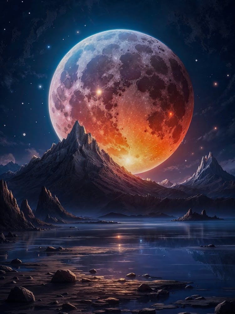 A full moon graces a surreal planet, its glow casting shadows on alien mountains — a cosmic nature in the galaxy of an interstellar landscape.