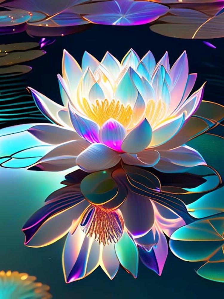 Fleur de Lotus Épanouie dans l'Étang Holographique 1