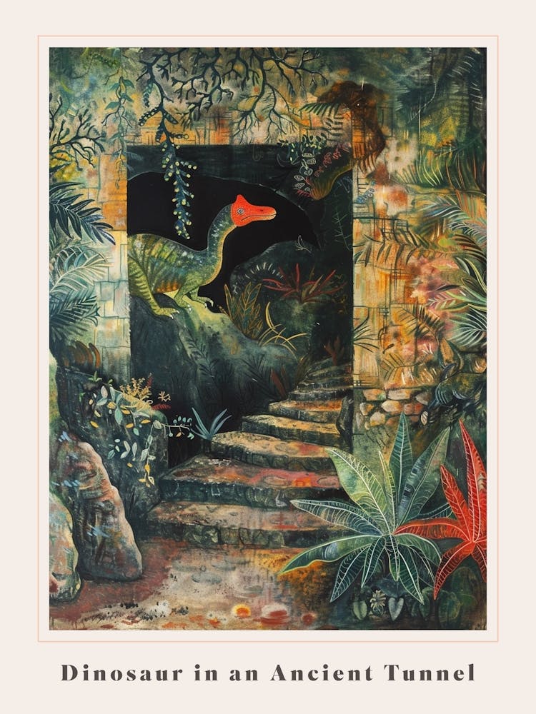 Dinosaur In An Ancient Tunnel Covered In Vines Painting 1 Poster