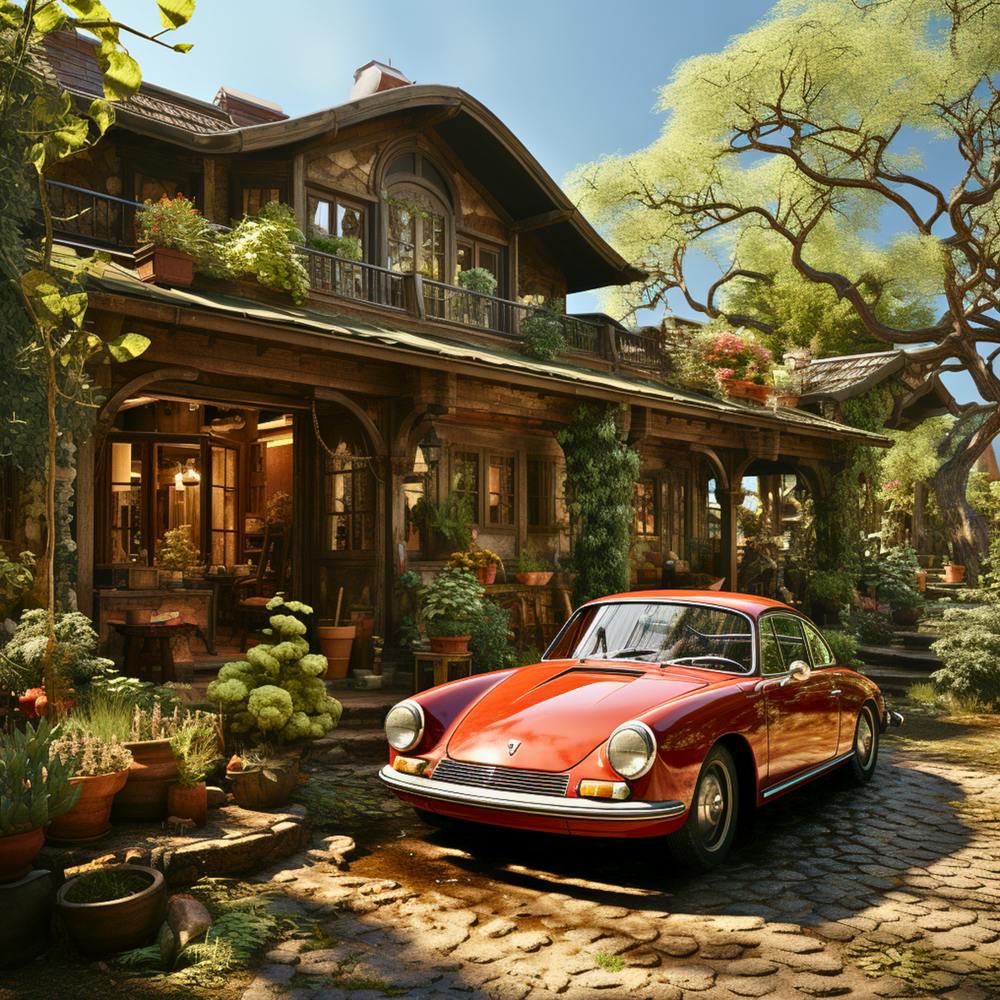 Nostalgic Elegance: Vintage Car in Front of an Old Manor