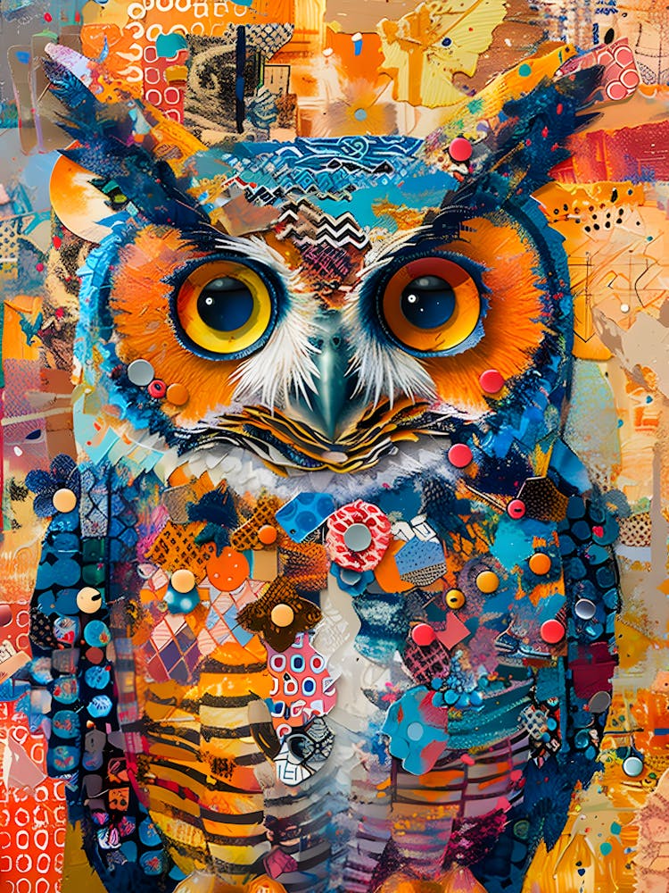 Electric Gaze – Colorful Mixed Media Owl With Dynamic Textures